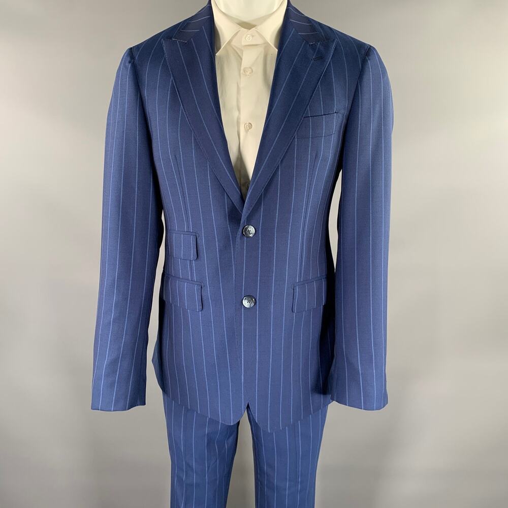 ATELIER MUNRO Size 38 Blue Light Blue Stripe Wool Peak Lapel Suit